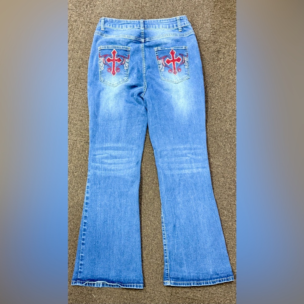 Romwe Flare High Waisted Jeans with jeweled embellished back pockets size 1XL